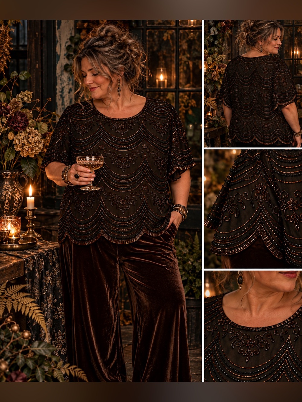 Vintage Papell Boutique Evening 3X Black Silk Beaded Blouse NWT $115